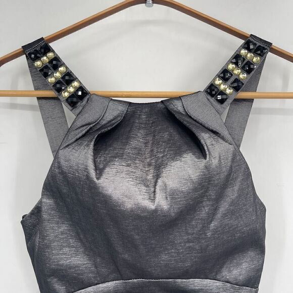 Juno Dress Collection Charcoal Gray Shiny Ruched Pleated Cocktail Dress Small - Picture 2 of 10